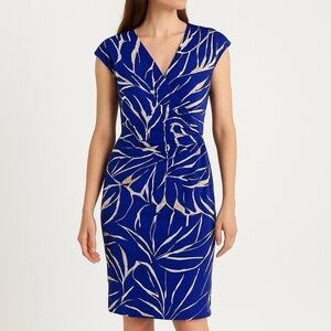 RALPH LAUREN  Dress Wrap Style Ruched at Waist Cap Sleeve Royal Blue & Cream 10